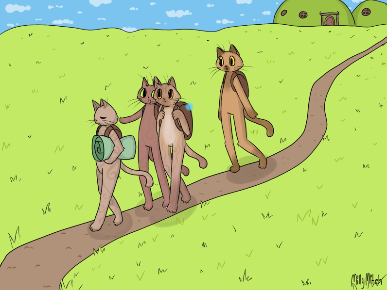 Datei:DXP0002 Alani mit Decke, Leotie, Ydre mit Rucksack (Kristall), Nahim verlassen Dorf mit dem blauen Kristall.png