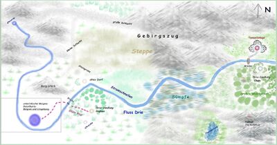 Der Fluss Drie der durch die Lebensräume Alinu und Unila der Drix fließt.
