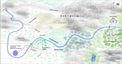Der Fluss Drie der durch die Lebensräume Alinu und Unila der Drix fließt.