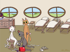 Liko versorgt Nita auf Stuhl, Iye im Bett, Sapas stehend in der Heilerstube(Milly Mitch)©